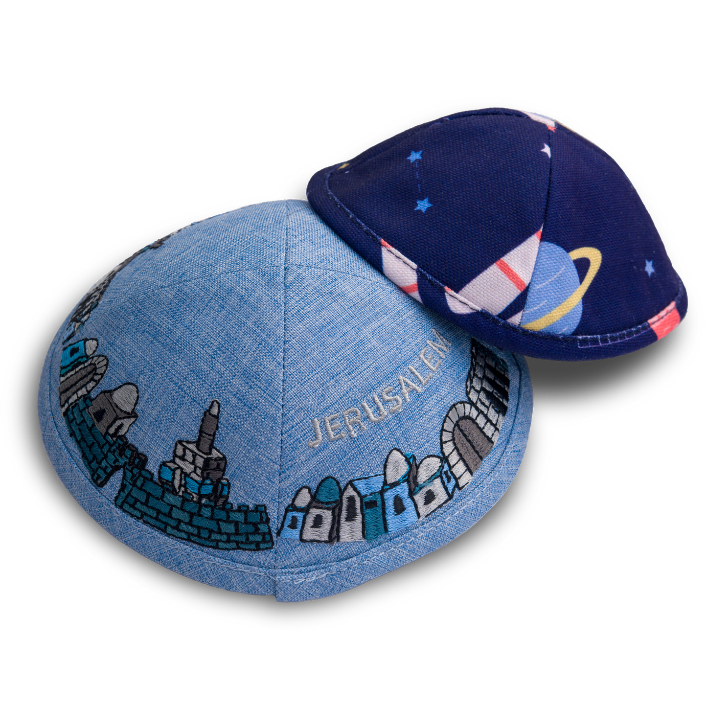 Handmade Linen Kippah Collection with Jerusalem Embroidery and Space Themed in Dark Blue Print