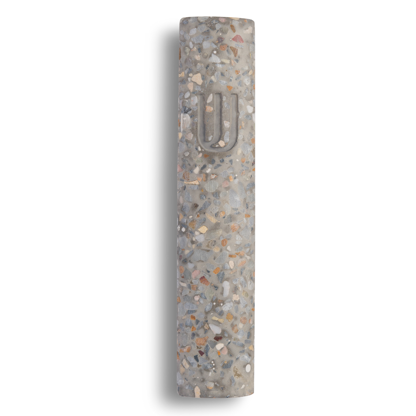 Handmade mezuzah crafted from marbled concrete, featuring Shin symbol on the front.