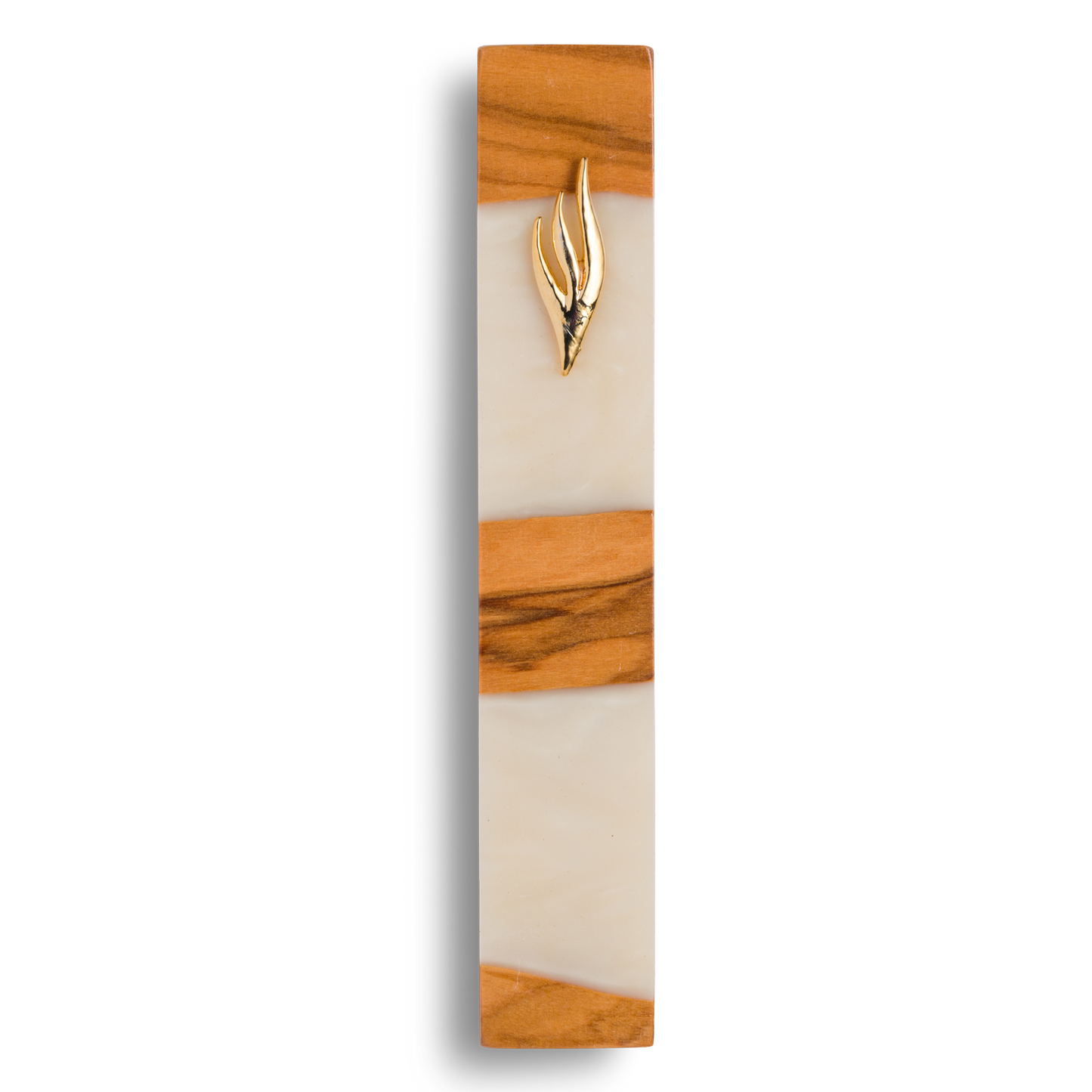 Handmade mezuzah crafted from olive wood and white resin, featuring a gold Shin symbol on the front.