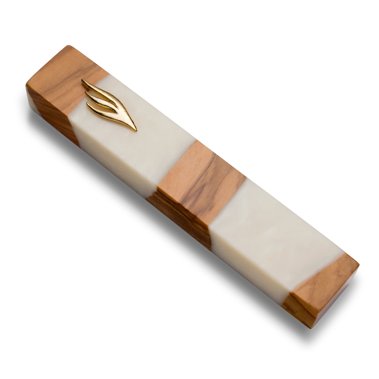 Handmade mezuzah crafted from olive wood and white resin, featuring a gold Shin symbol on the front.