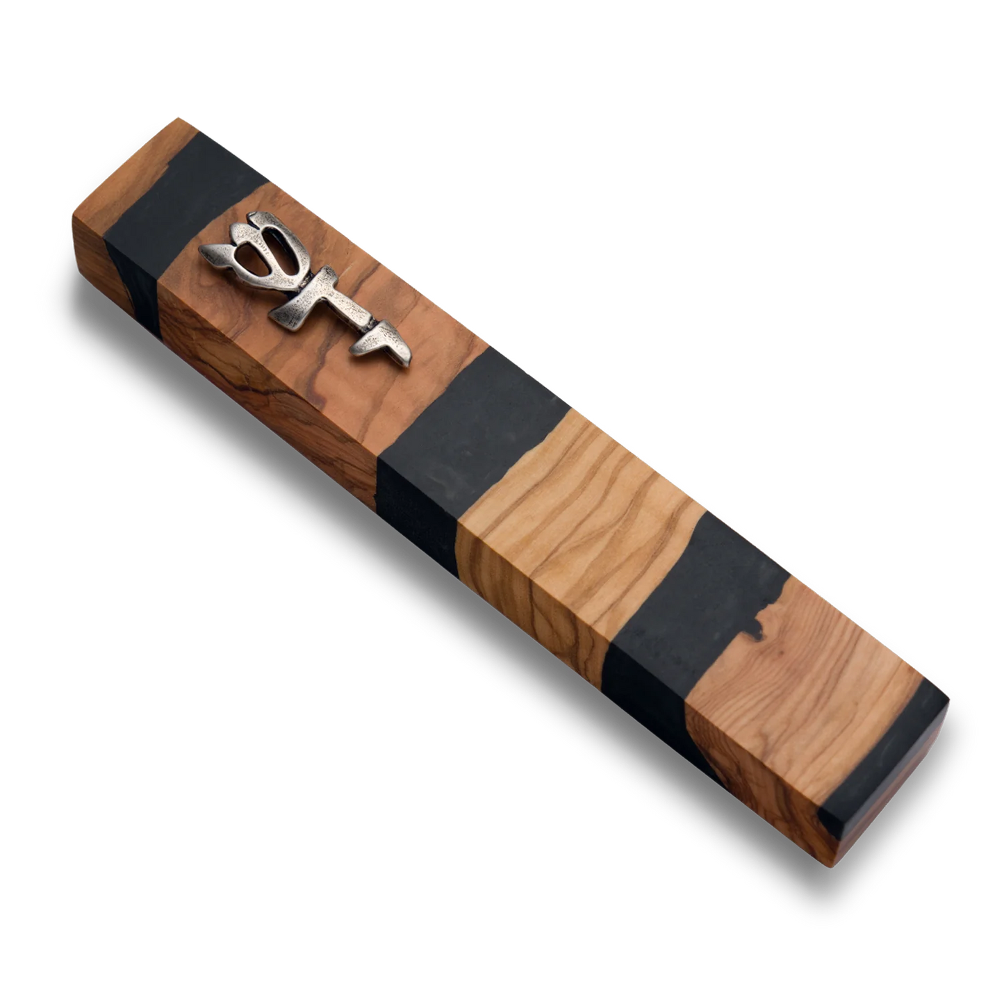 Handmade mezuzah crafted from olive wood and black resin, featuring a silver Shin symbol on the front.