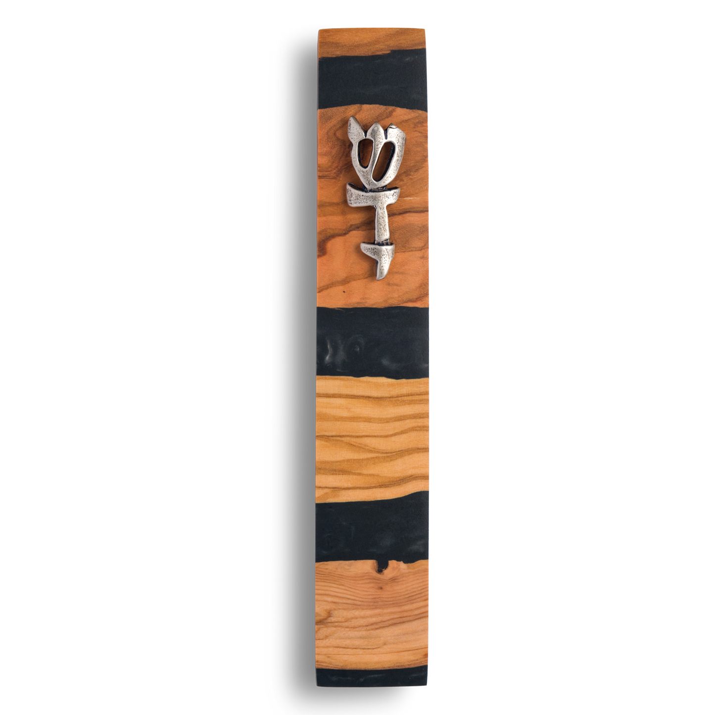 Handmade mezuzah crafted from olive wood and black resin, featuring a silver Shin symbol on the front.