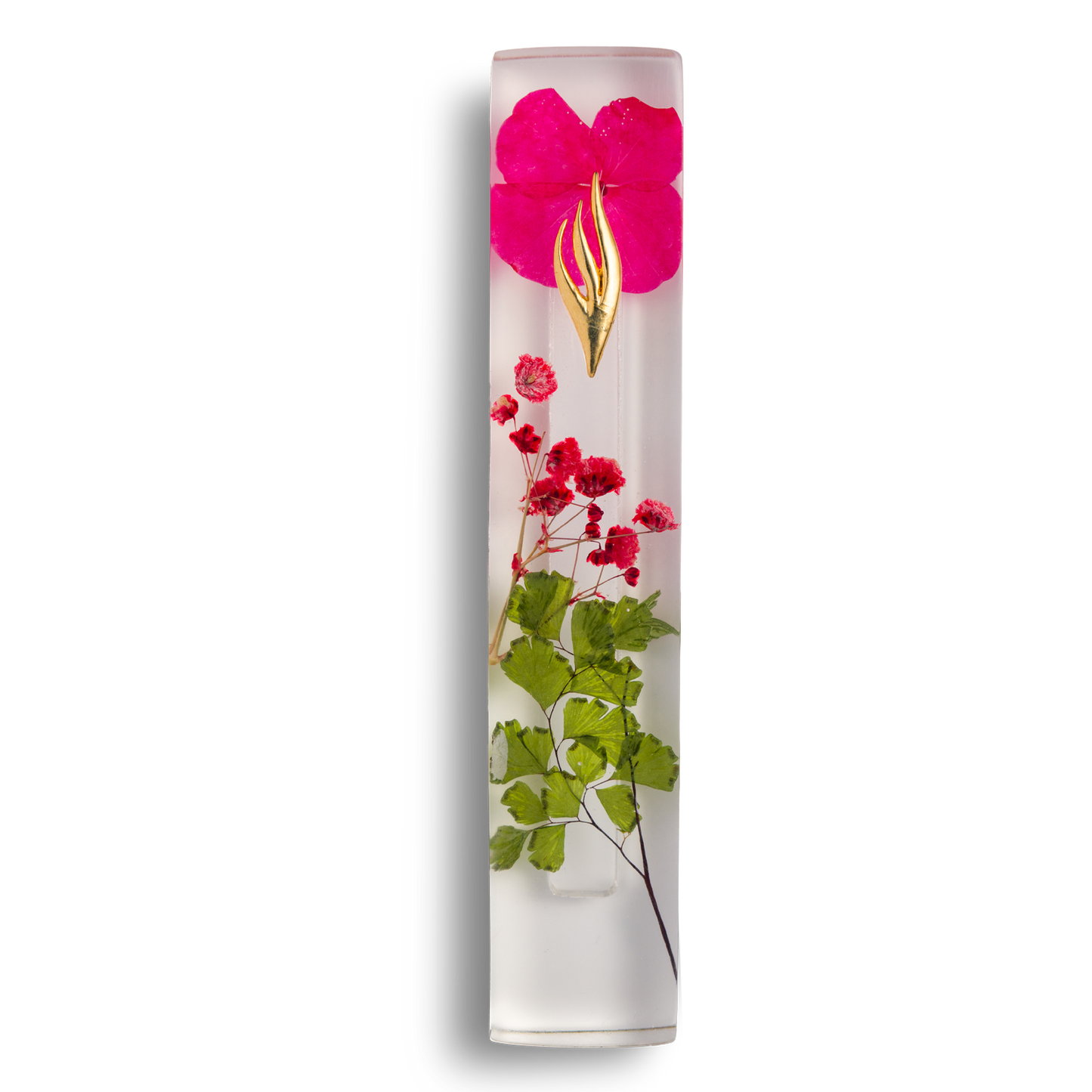 Handmade mezuzah crafted from clear resin and red preserved flowers, featuring a golden Shin symbol on the front.