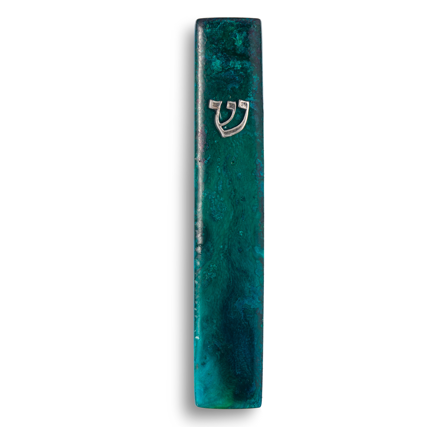Handmade mezuzah case from green resin, featuring silver Shin symbol on the front.