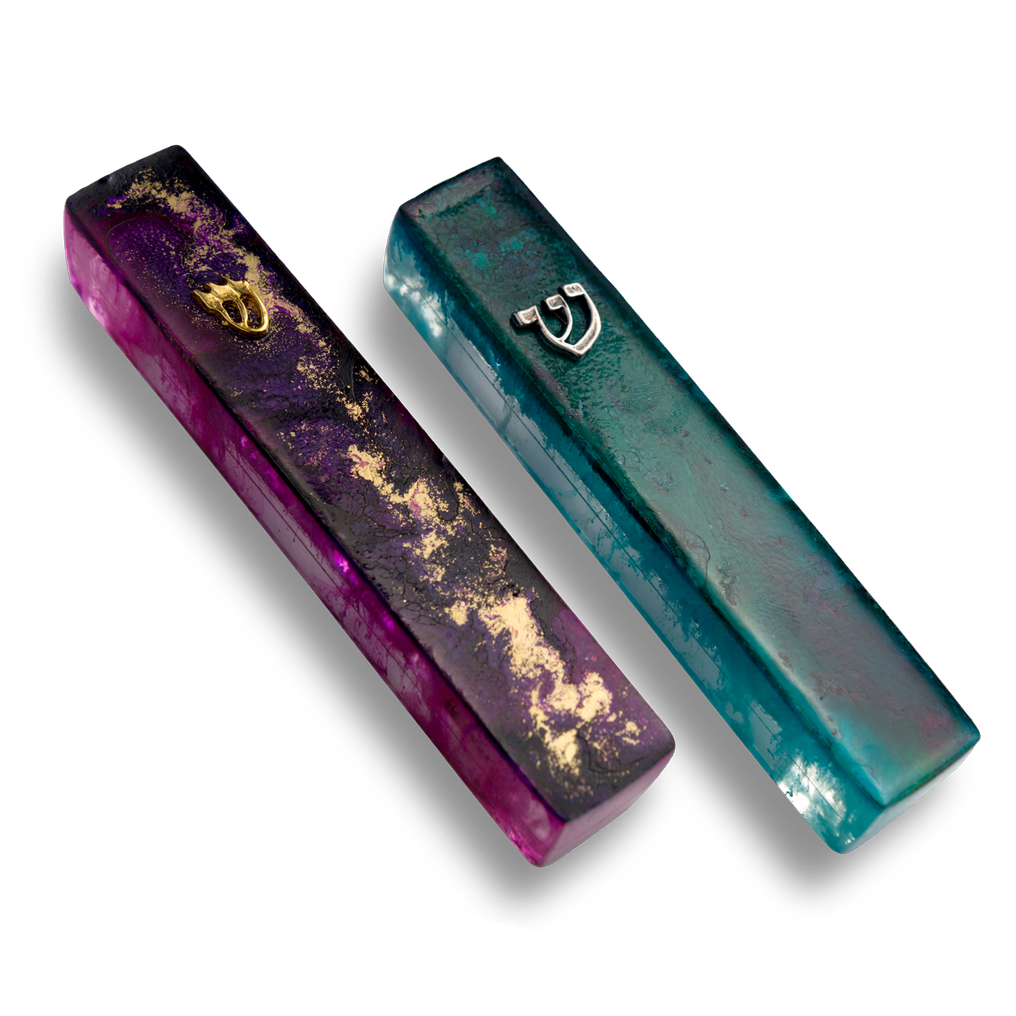 Handmade Resin Mezuzah Cases Collection in Marbled Purple and Green Colours. Unique Jewish Housewarming and Wedding Gifts