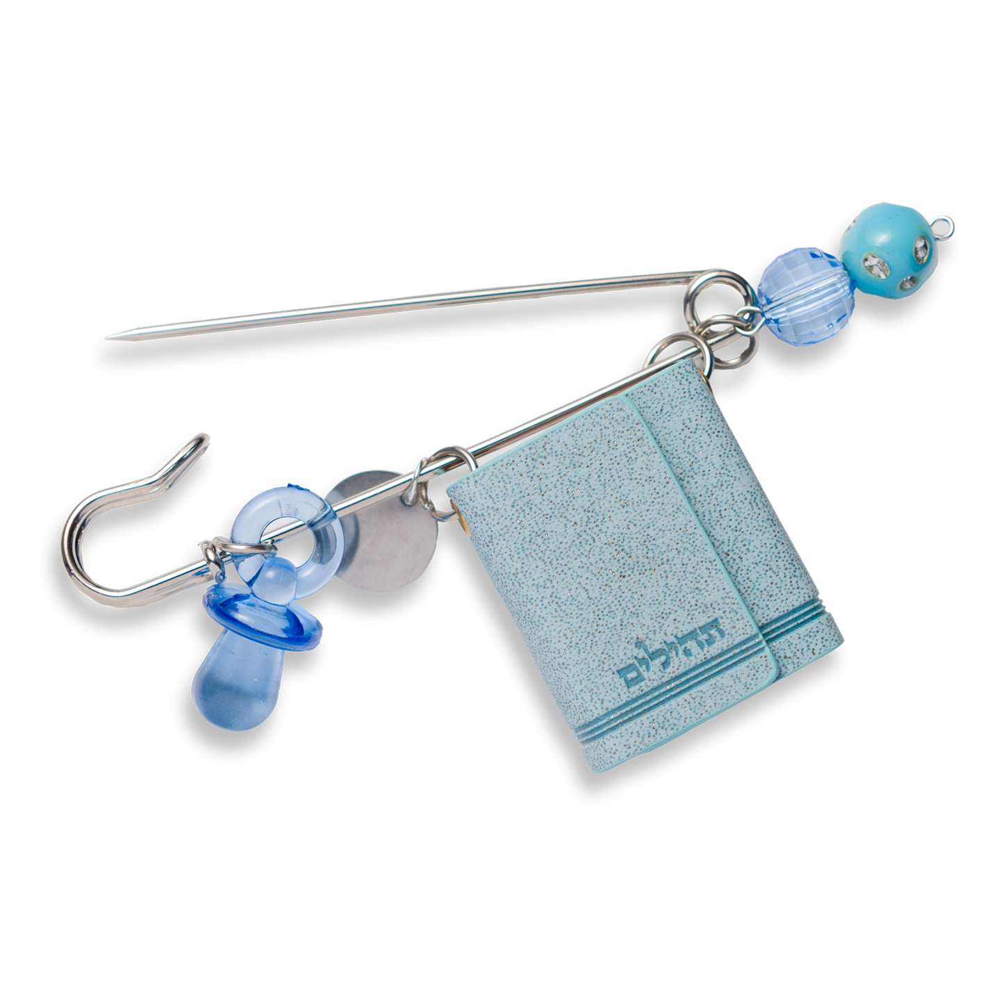 Sky blue mini Tehillim stroller pin with charm and beads – Naming Ceremony gift, protective Judaica accessory.