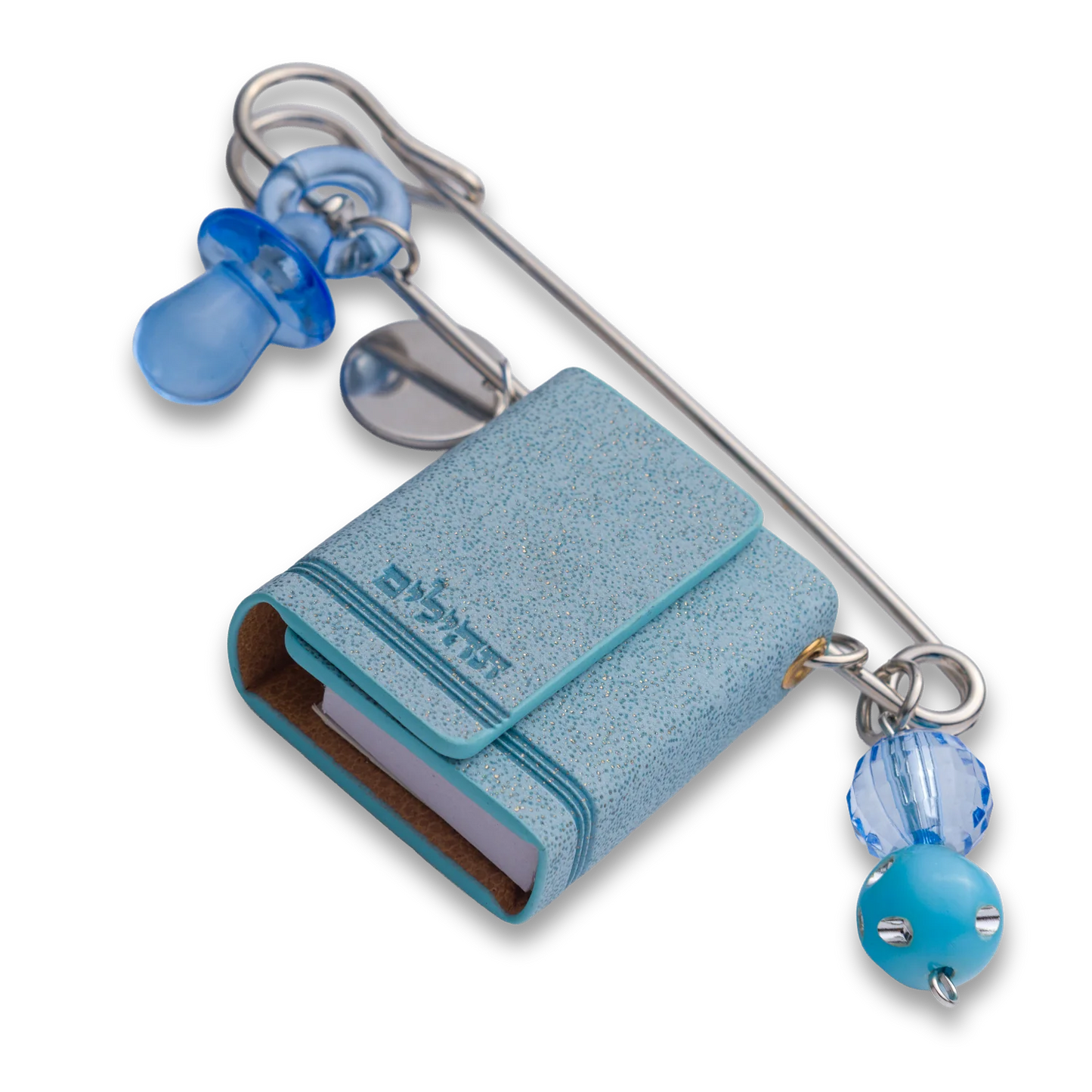 Sky blue mini Tehillim stroller pin with charm and beads – Naming Ceremony gift, protective Judaica accessory.
