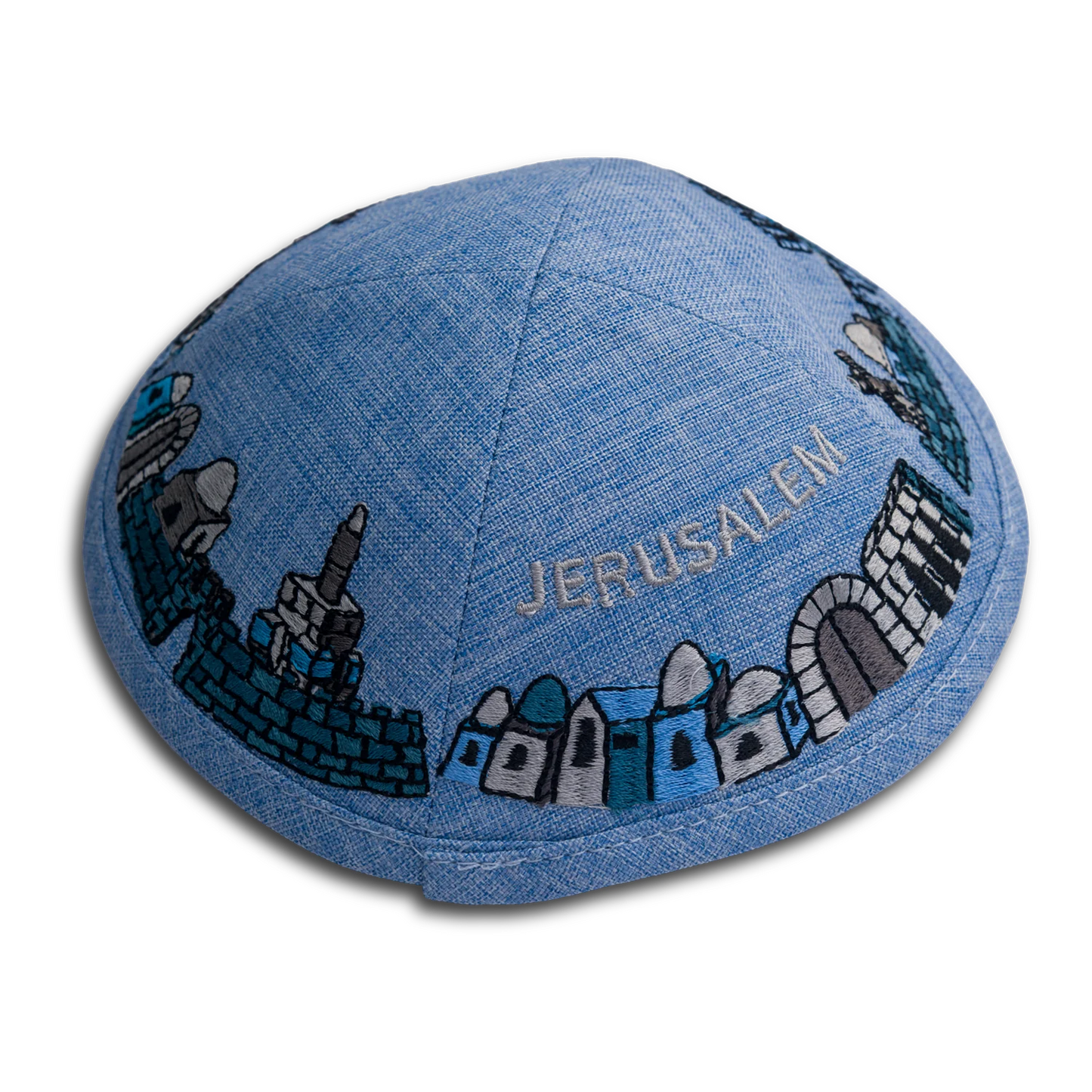 Handmade Blue Kippah with Clear Jerusalem Embroidery