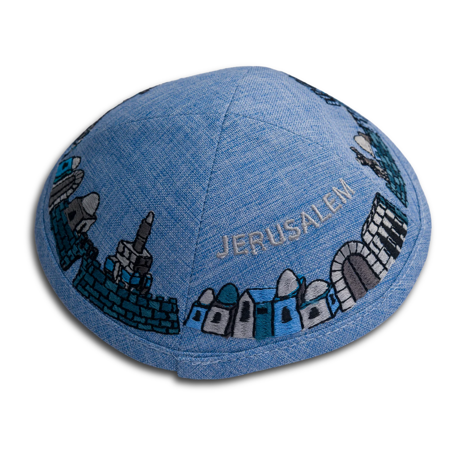 Handmade Blue Kippah with Clear Jerusalem Embroidery