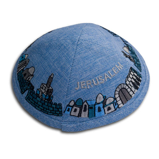 Handmade Blue Kippah with Clear Jerusalem Embroidery