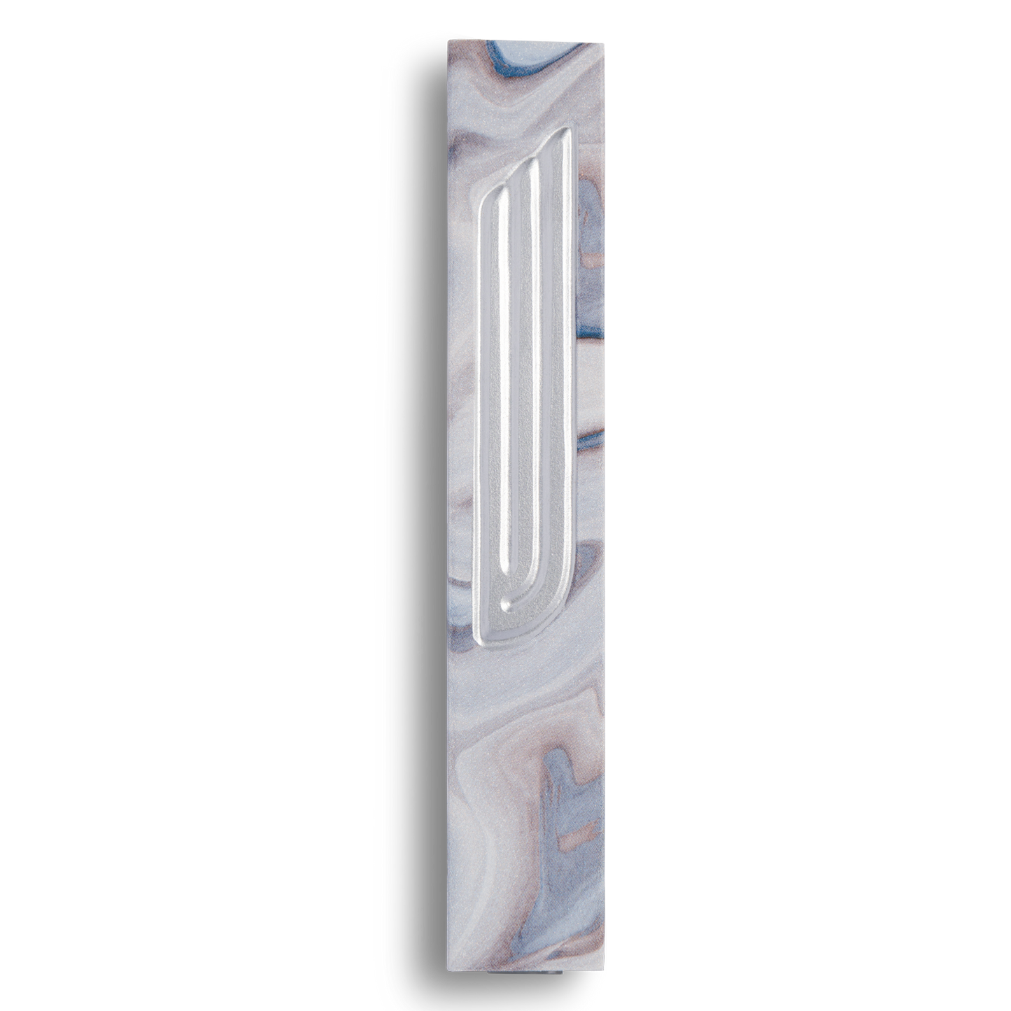 Handmade mezuzah crafted from grey marbled concrete, featuring Silver Shin symbol on the front.