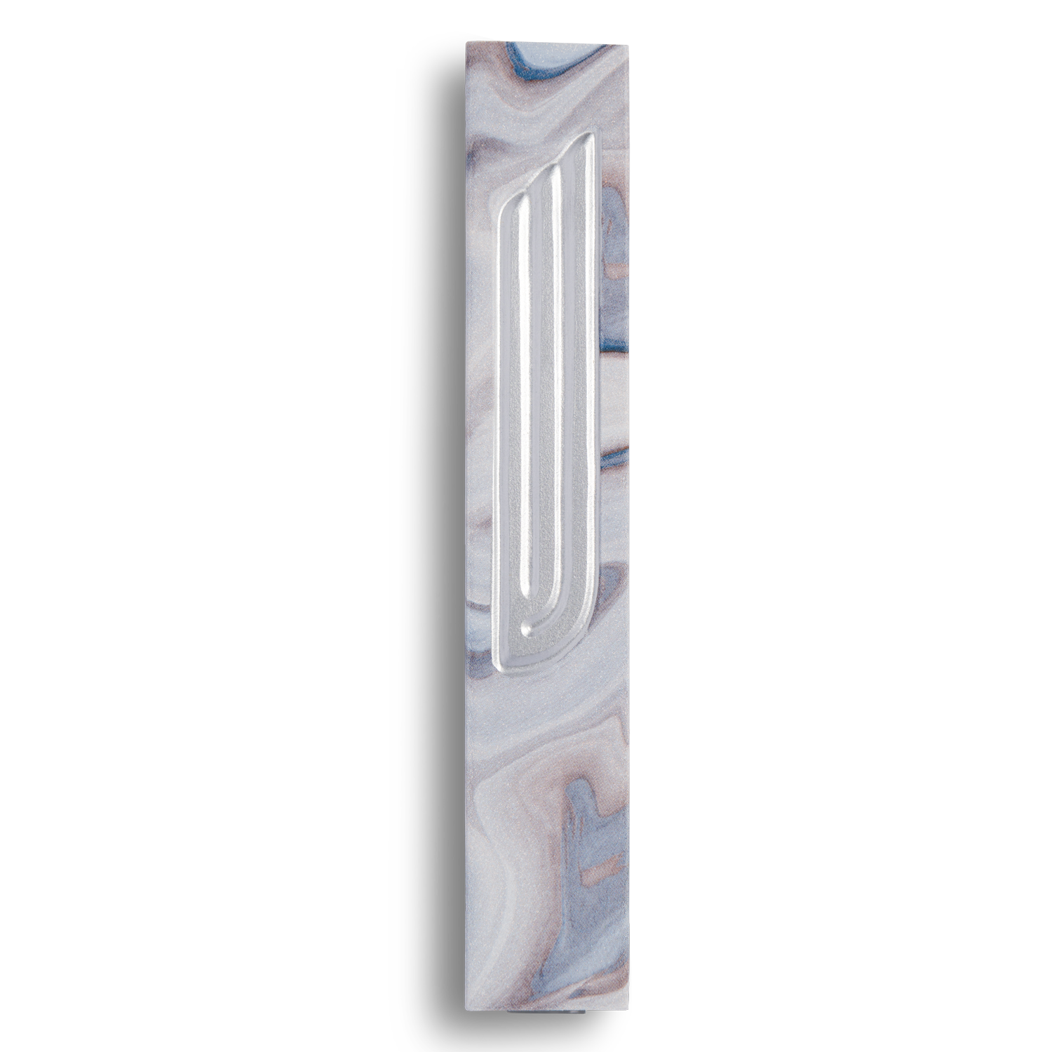 Handmade mezuzah crafted from grey marbled concrete, featuring Silver Shin symbol on the front.
