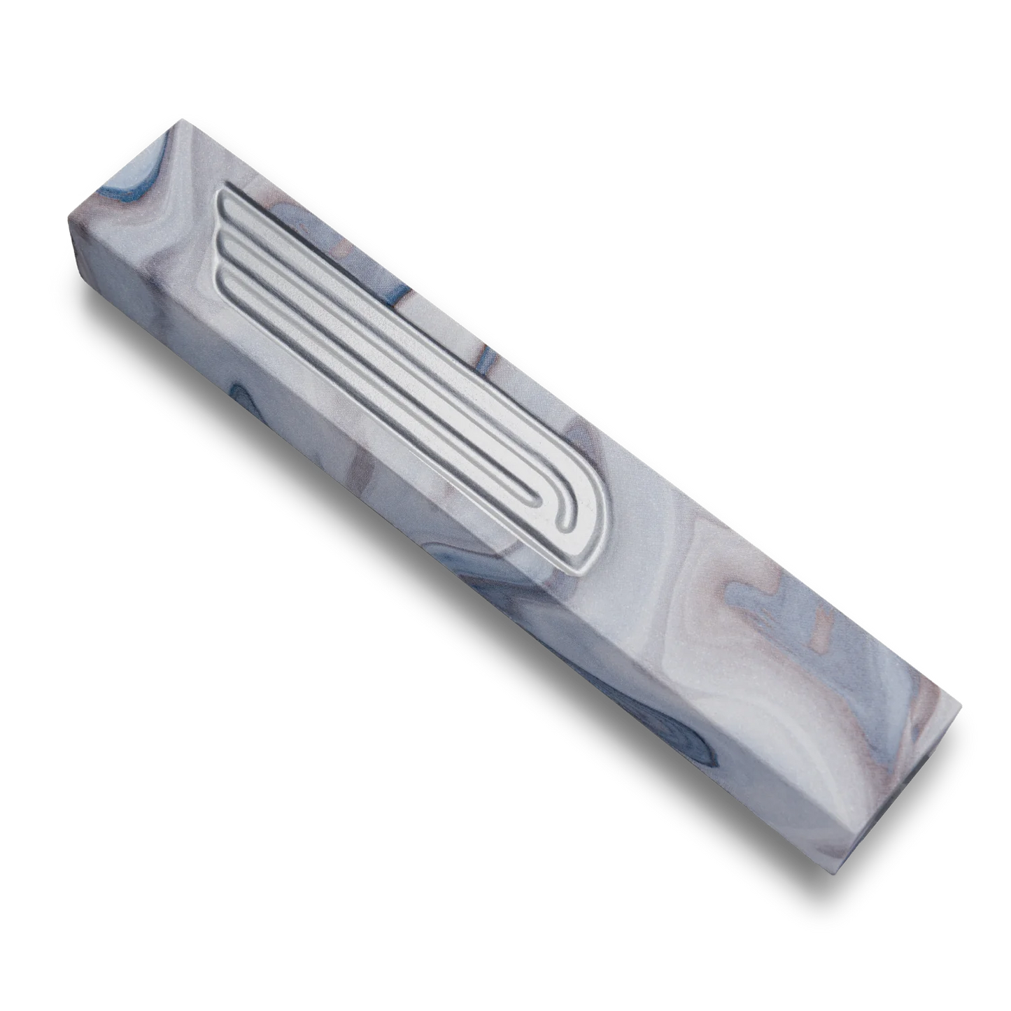 Handmade mezuzah crafted from grey marbled concrete, featuring Silver Shin symbol on the front.