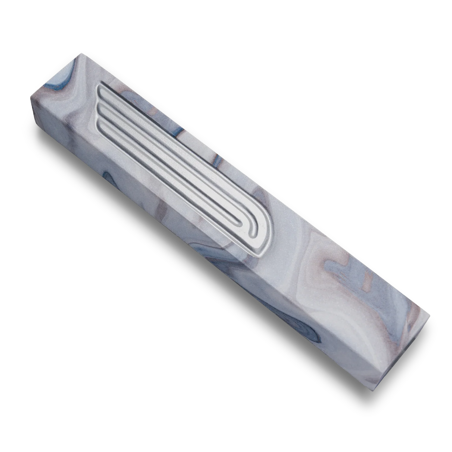Handmade mezuzah crafted from grey marbled concrete, featuring Silver Shin symbol on the front.