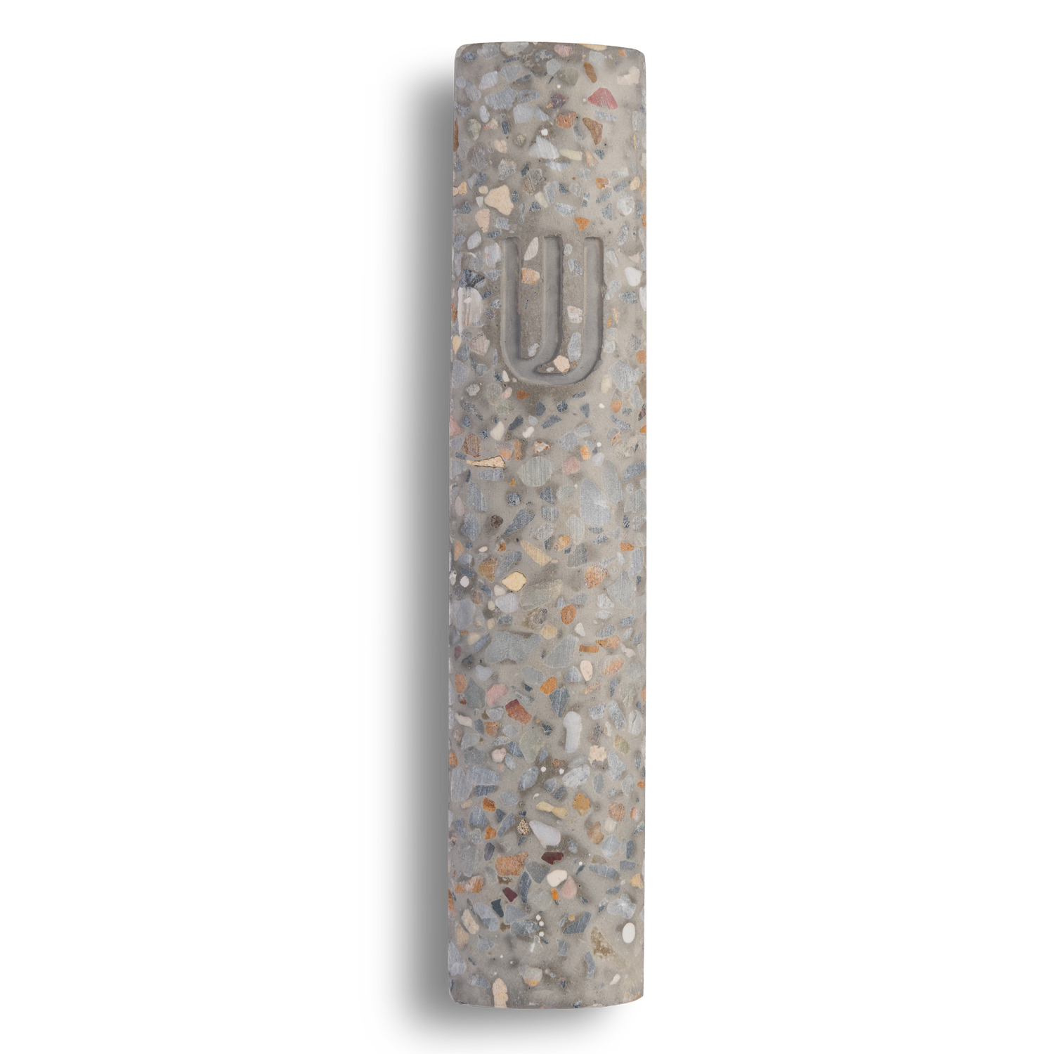 Handmade mezuzah crafted from marbled concrete, featuring Shin symbol on the front.