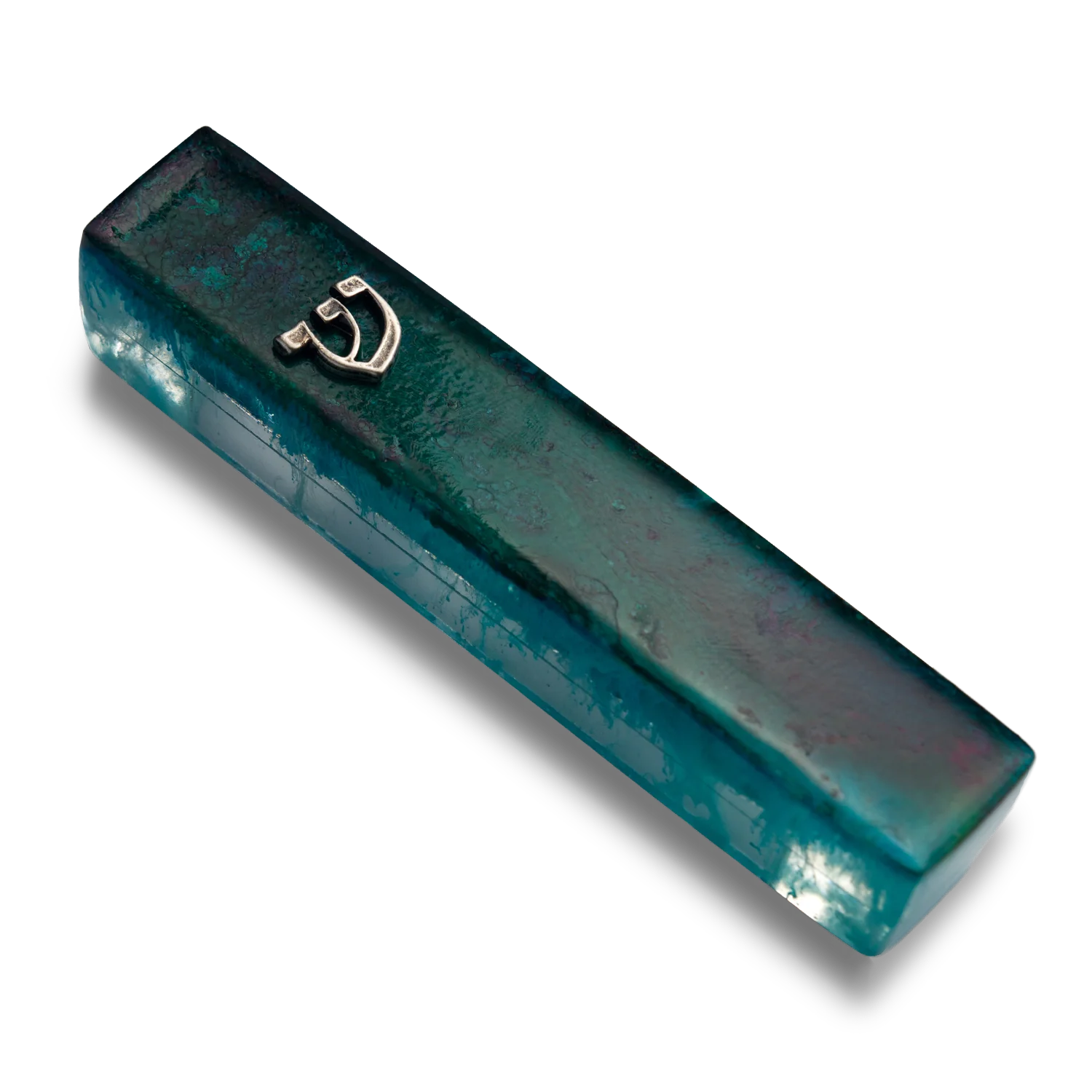 Handmade green mezuzah case  crafted from resin, featuring silver Shin symbol on the front.