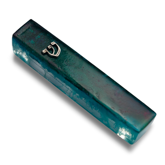 Handmade green mezuzah case  crafted from resin, featuring silver Shin symbol on the front.