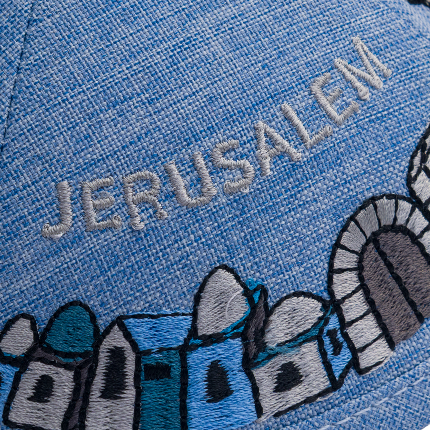 Handmade Blue Kippah with Clear Jerusalem Embroidery Close-up