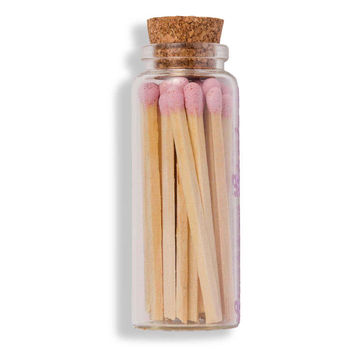 Handmade glass jar with cork lid filled with pink-tipped matches, labeled “Shabbat Shalom” 