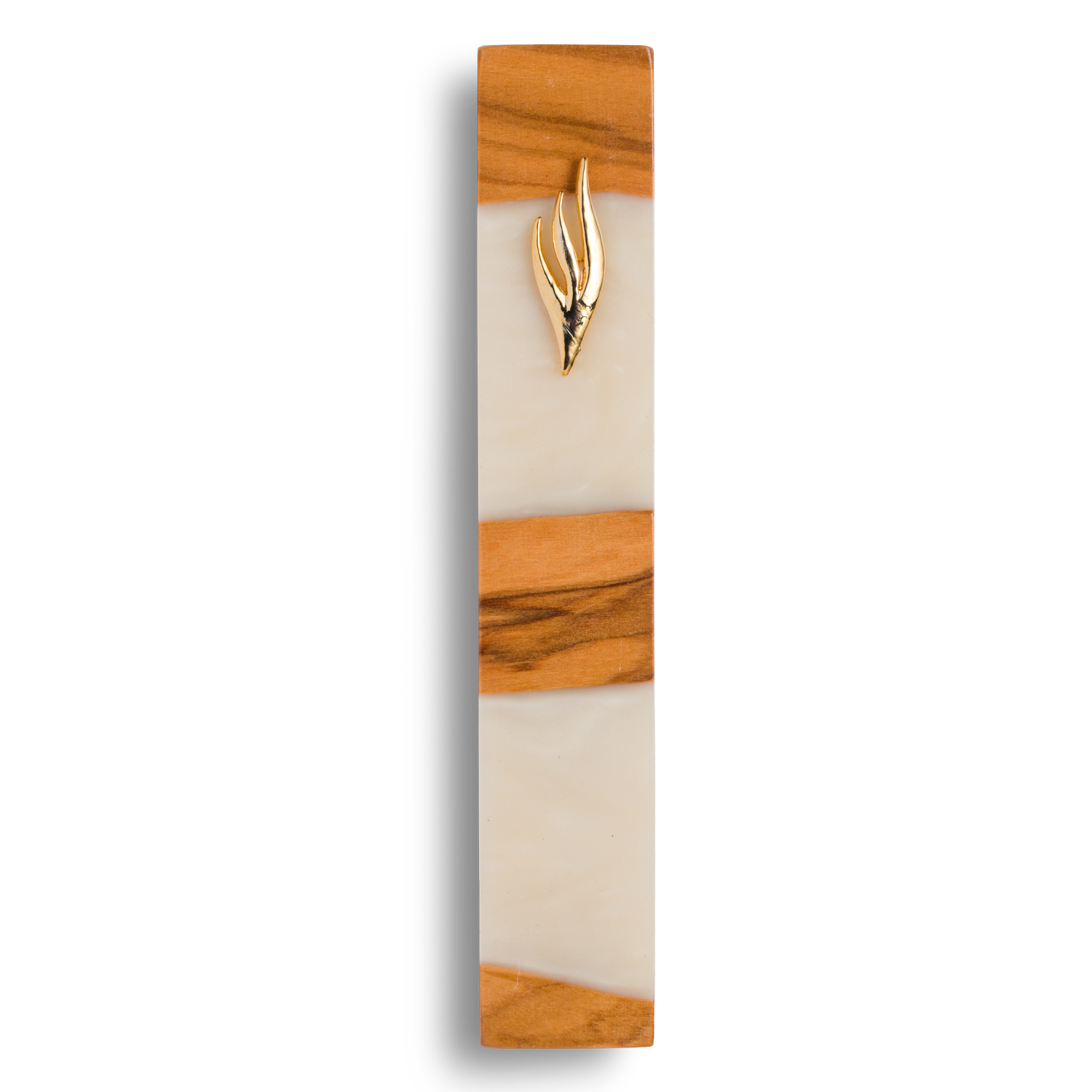 Handmade mezuzah crafted from olive wood and white resin, featuring a gold Shin symbol on the front.