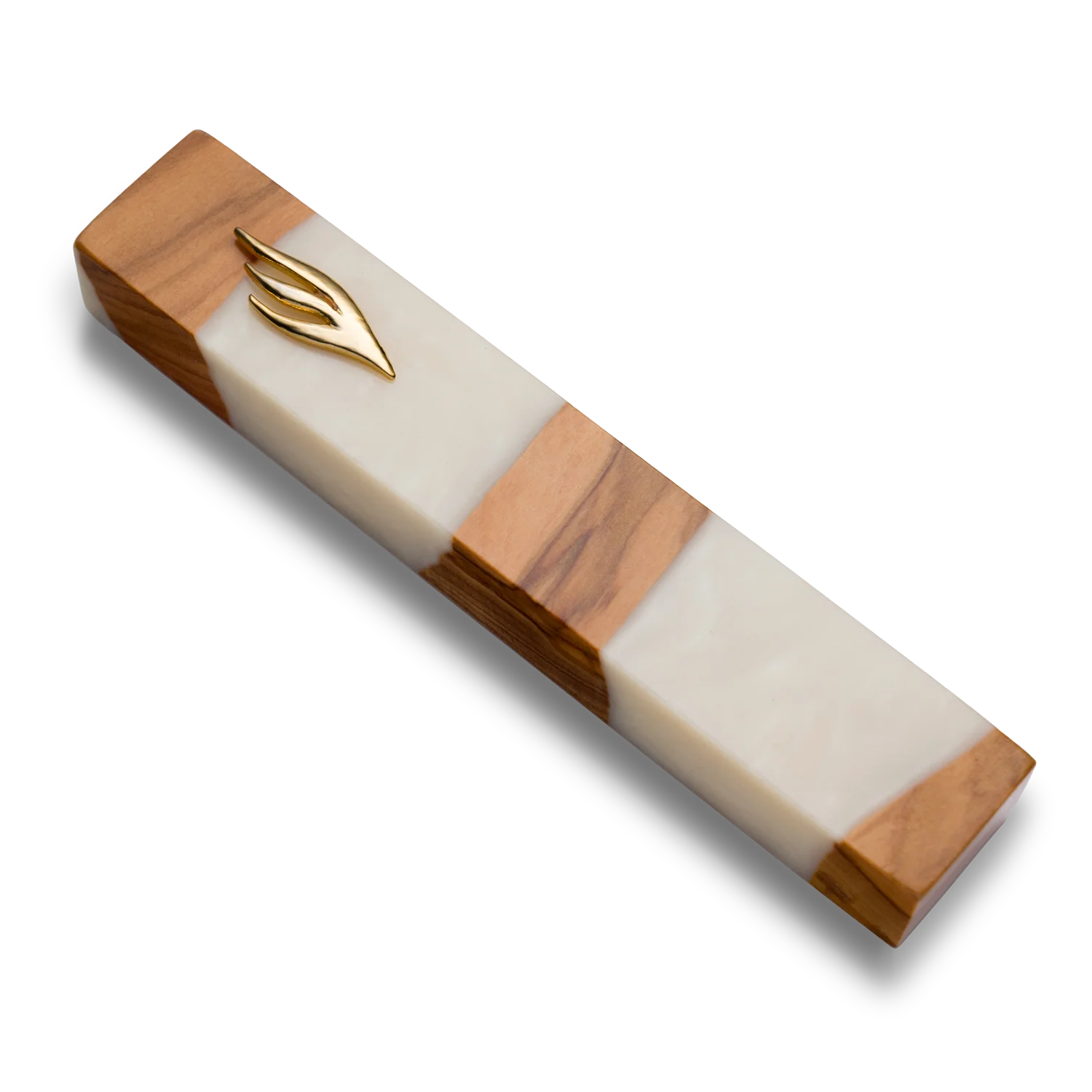 Handmade mezuzah crafted from olive wood and white resin, featuring a gold Shin symbol on the front.