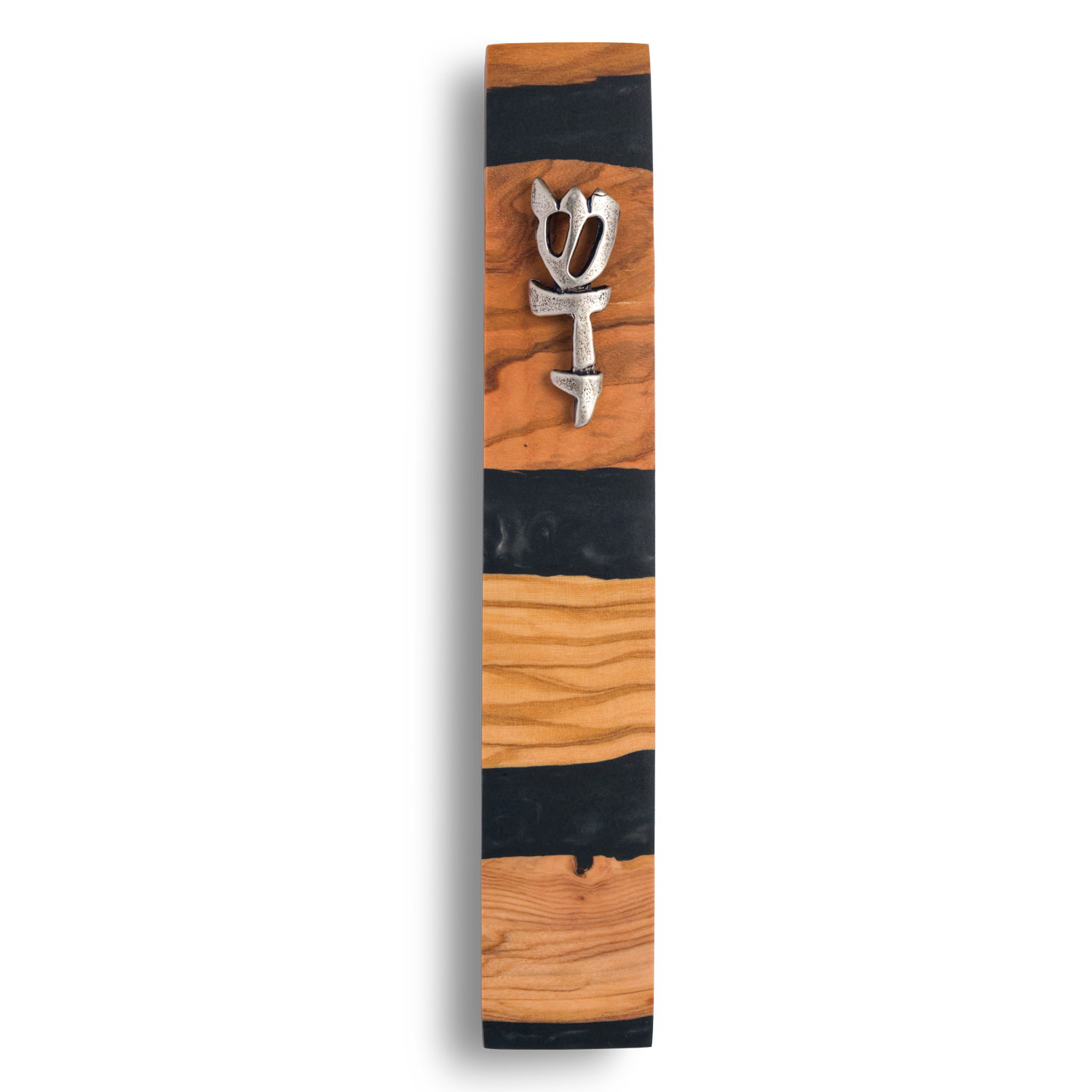 Handmade mezuzah crafted from olive wood and black resin, featuring a silver Shin symbol on the front.