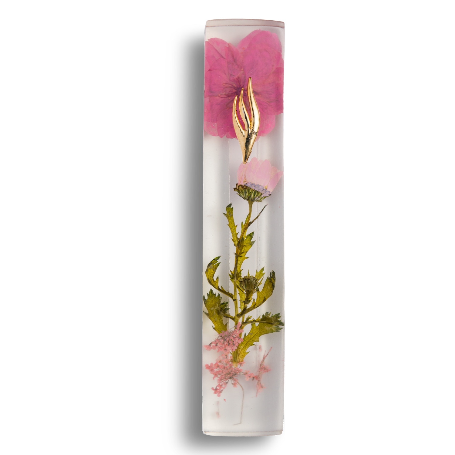 Handmade mezuzah crafted from clear resin and pink preserved flowers, featuring a golden Shin symbol on the front.