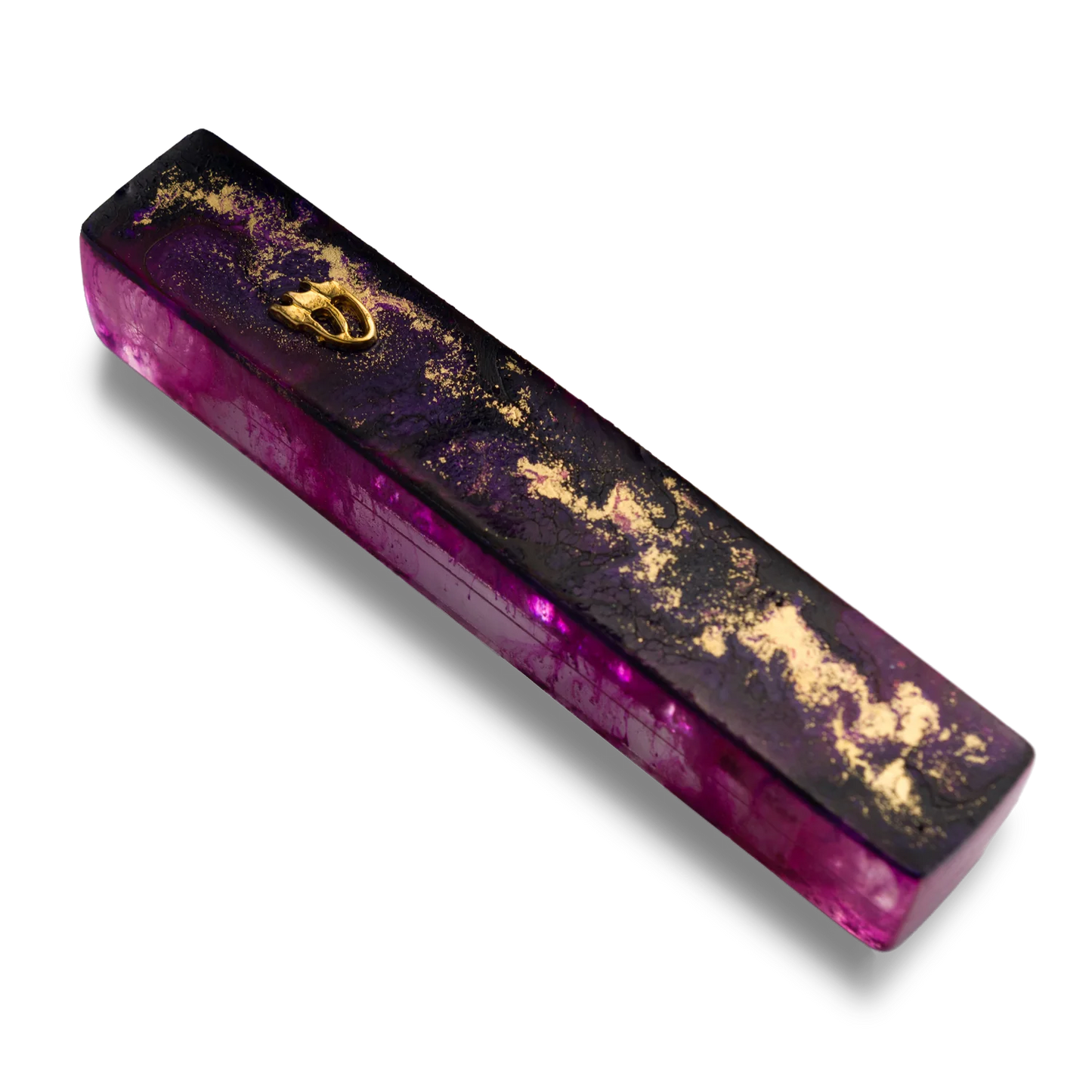 Handmade purple mezuzah case  crafted from resin, featuring golden Shin symbol on the front.