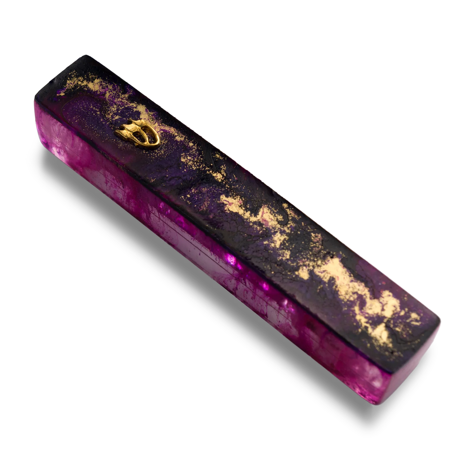 Handmade purple mezuzah case  crafted from resin, featuring golden Shin symbol on the front.
