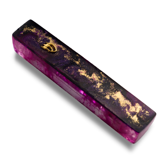 Handmade purple mezuzah case  crafted from resin, featuring golden Shin symbol on the front.
