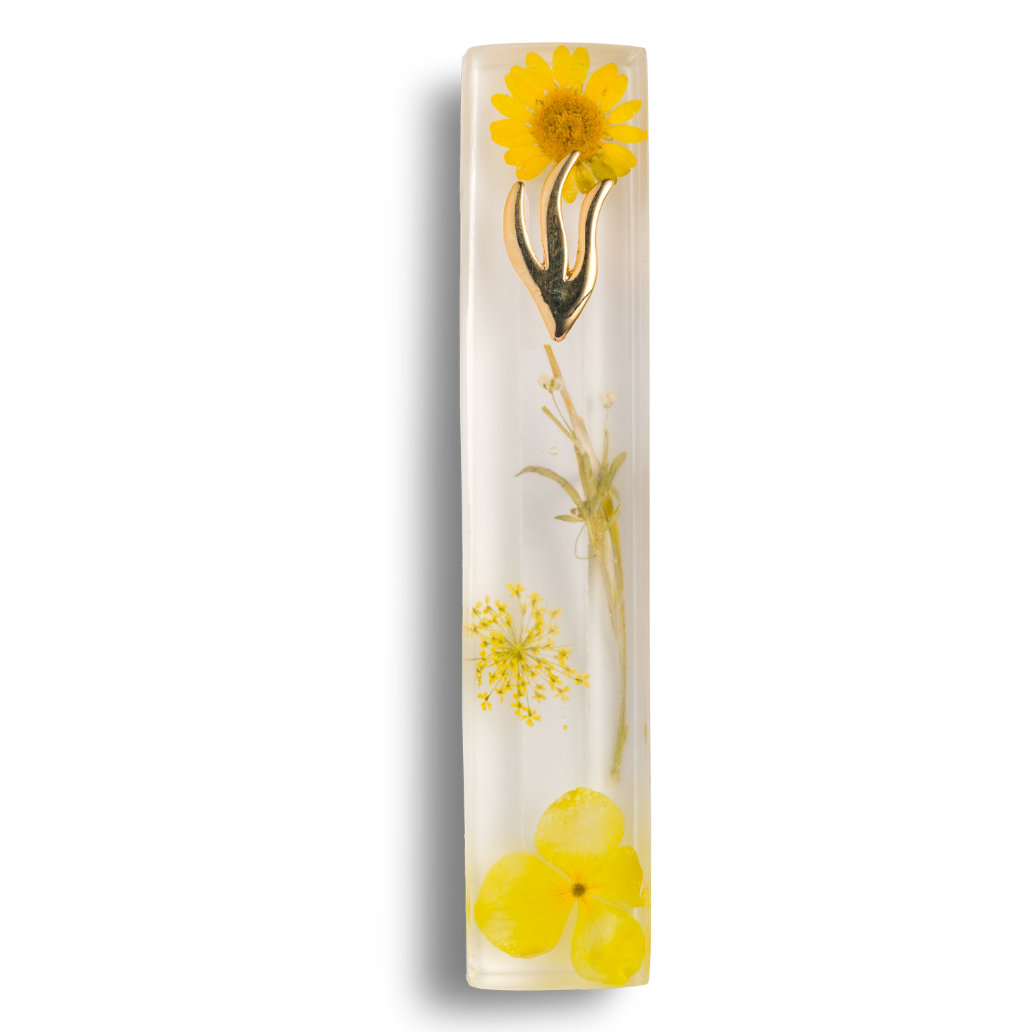 Handmade mezuzah crafted from clear resin and yellow preserved flowers, featuring a golden Shin symbol on the front.