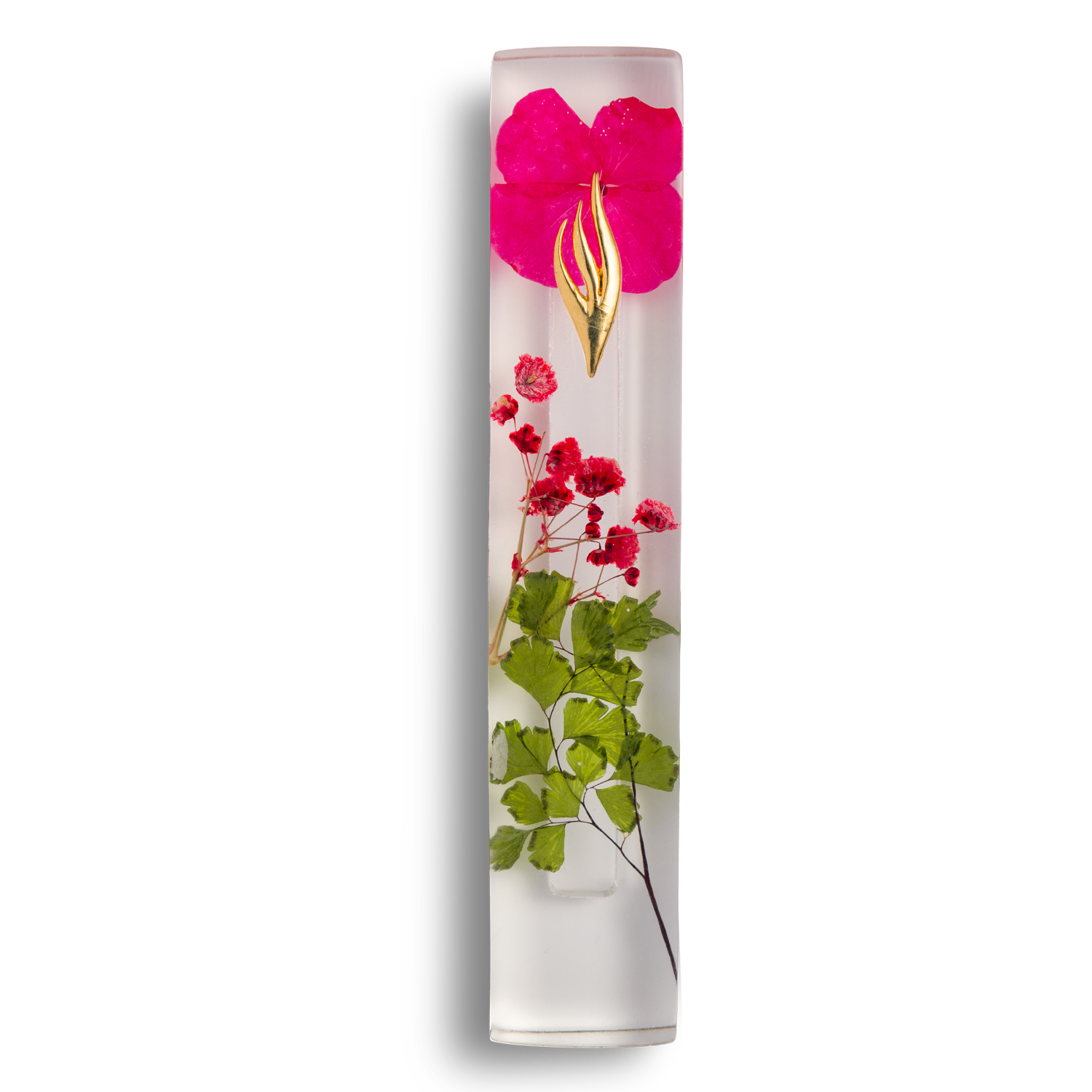 Handmade mezuzah crafted from clear resin and red preserved flowers, featuring a golden Shin symbol on the front.