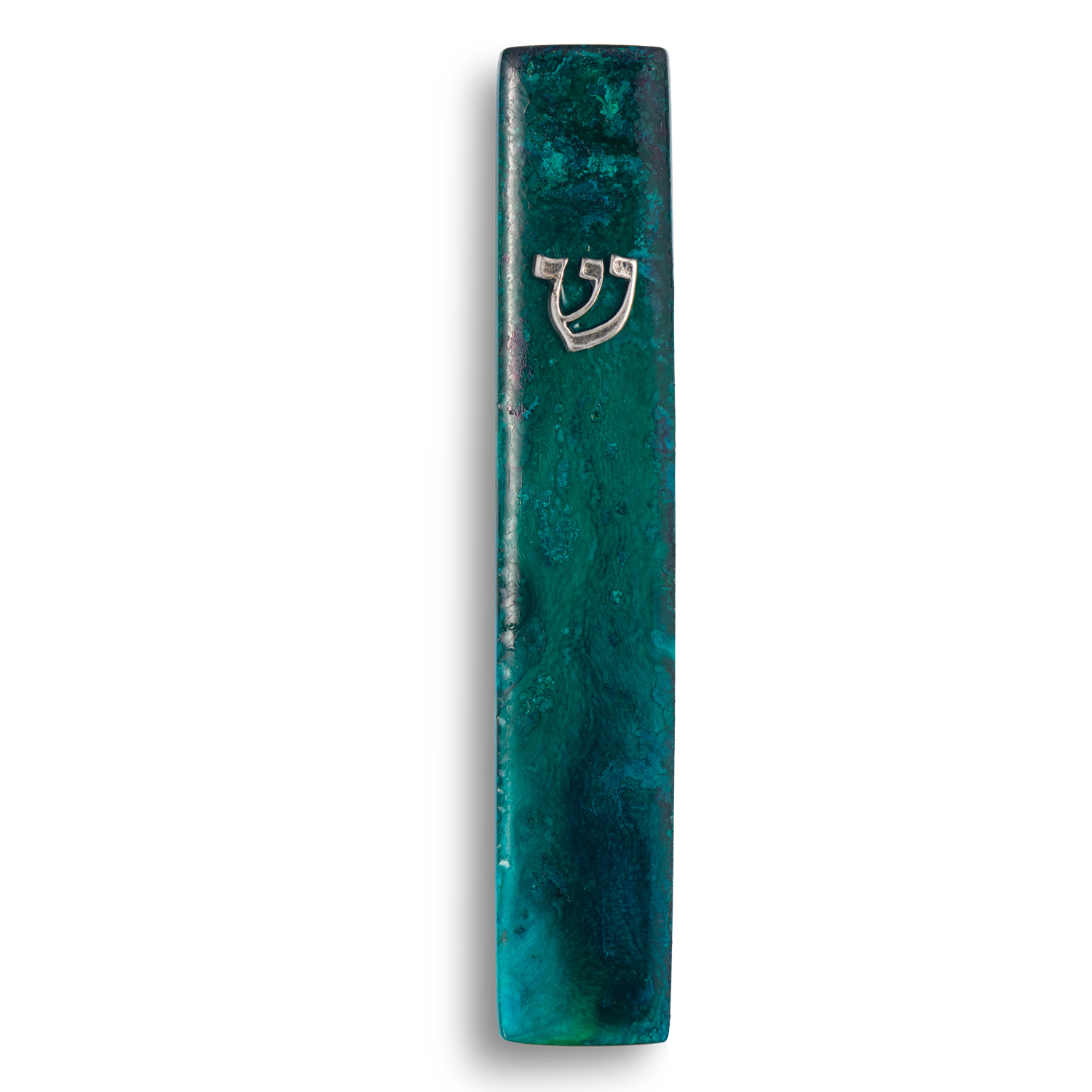 Handmade mezuzah case from green resin, featuring silver Shin symbol on the front.