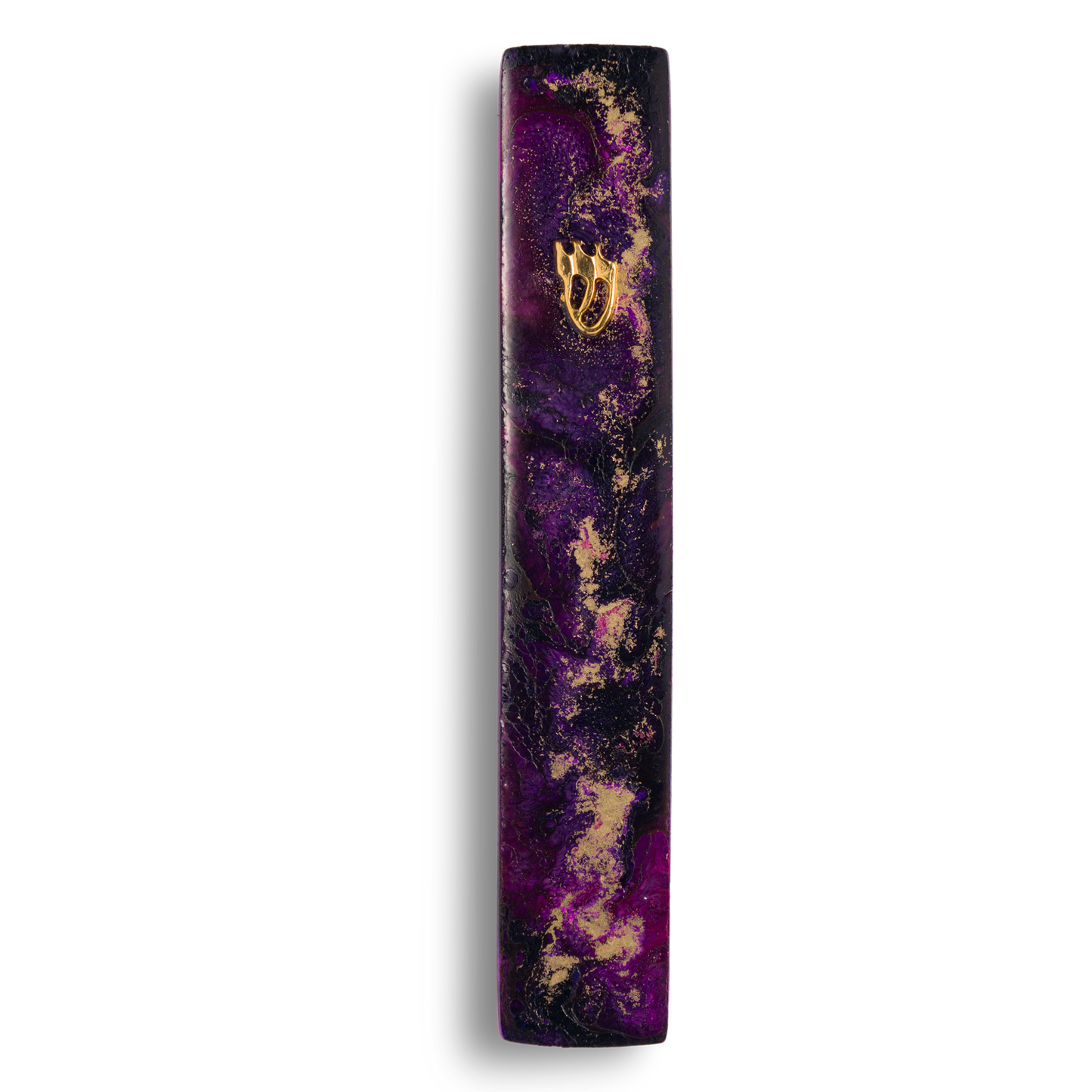 Handmade mezuzah case from purple resin, featuring golden Shin symbol on the front.