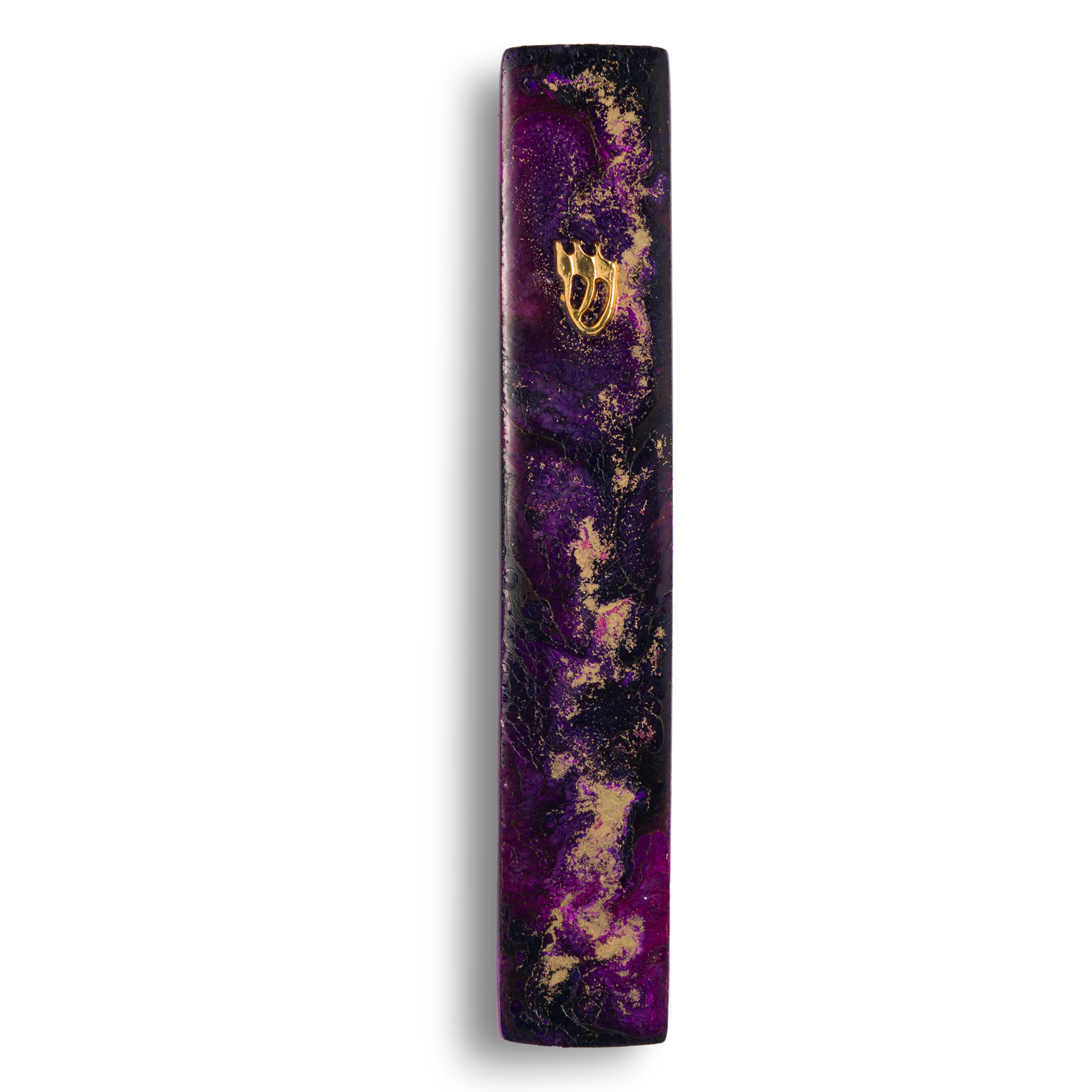 Handmade mezuzah case from purple resin, featuring golden Shin symbol on the front.