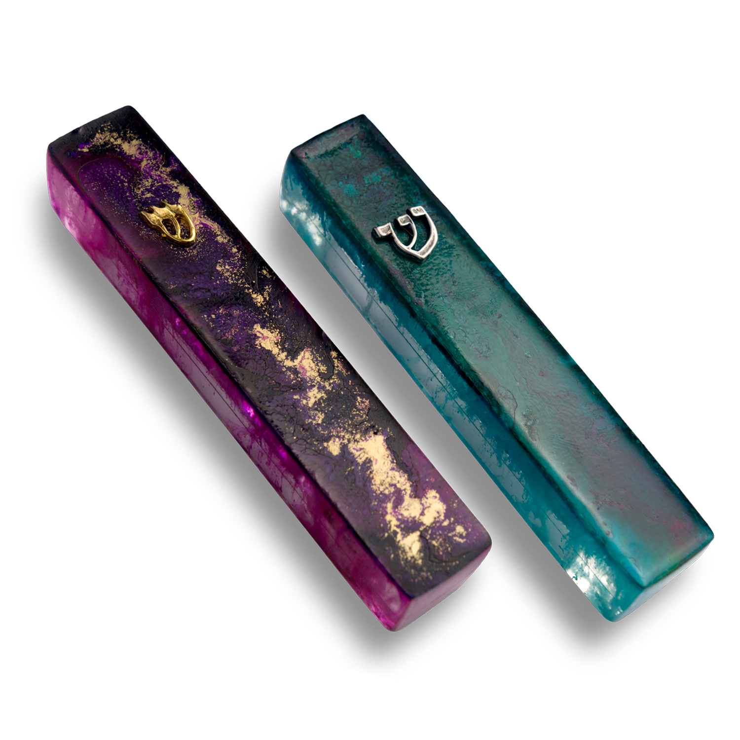 Handmade Resin Mezuzah Cases Collection in Marbled Purple and Green Colours. Unique Jewish Housewarming and Wedding Gifts