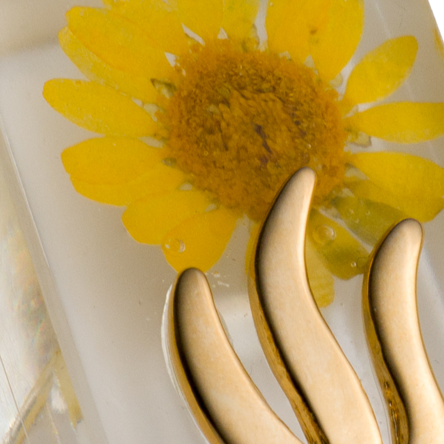 Handmade Mezuzah Case with Yellow Flowers and Resin Close-up 