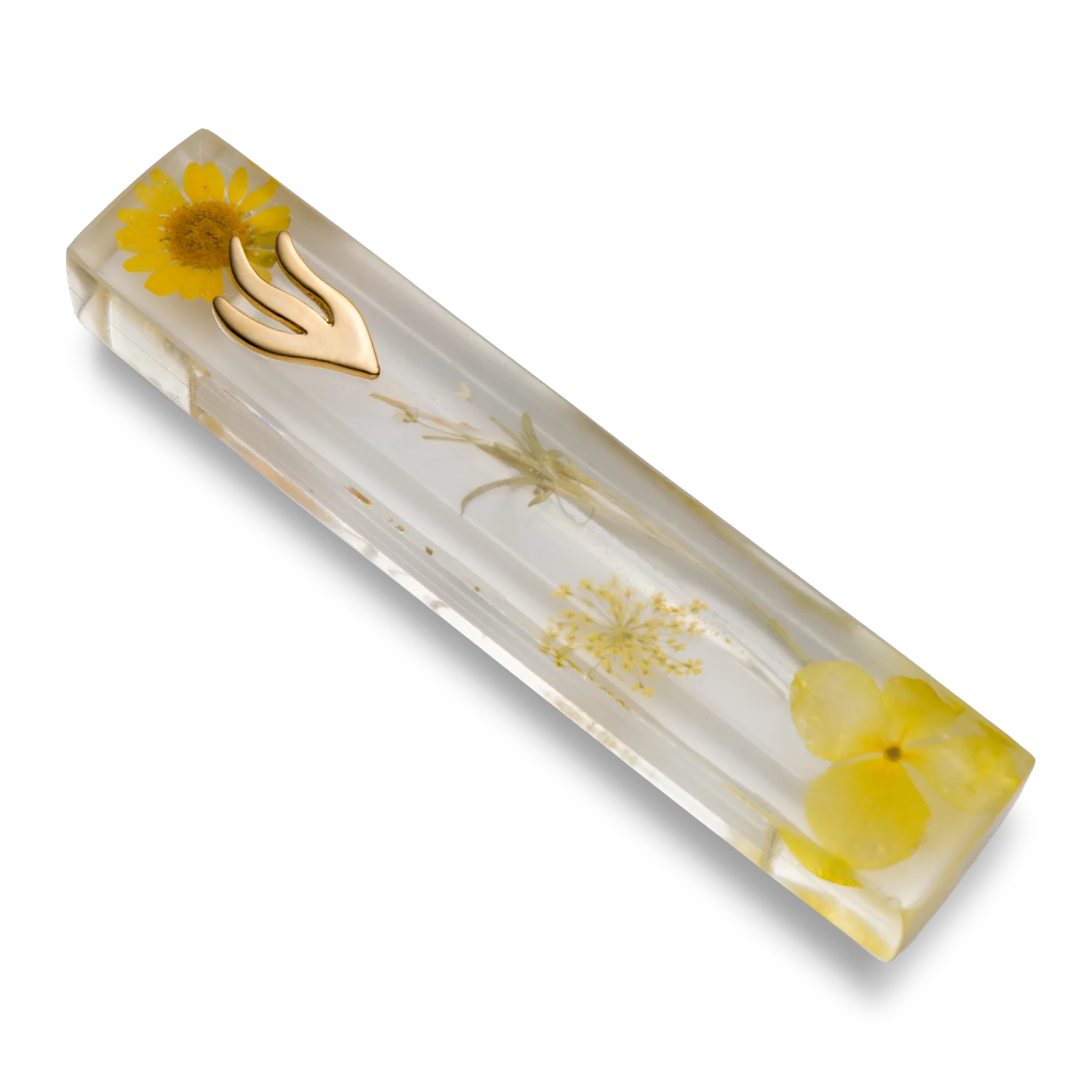 Handmade mezuzah crafted from clear resin and yellow preserved flowers, featuring a golden Shin symbol on the front.