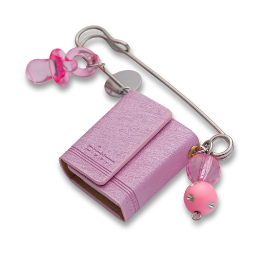 Pink mini Tehillim stroller pin with charm and beads – Naming Ceremony gift, protective Judaica accessory.