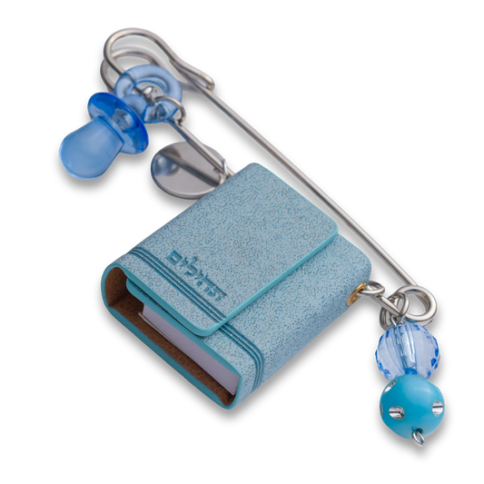 Sky blue mini Tehillim stroller pin with charm and beads – Naming Ceremony gift, protective Judaica accessory.