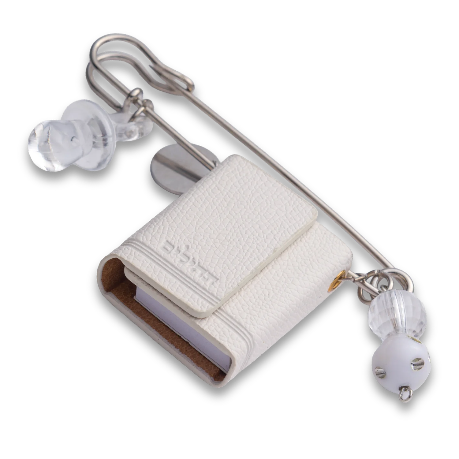 White mini Tehillim stroller pin with charm and beads – Naming Ceremony gift, protective Judaica accessory.