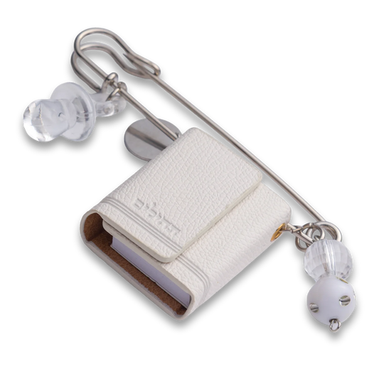 White mini Tehillim stroller pin with charm and beads – Naming Ceremony gift, protective Judaica accessory.