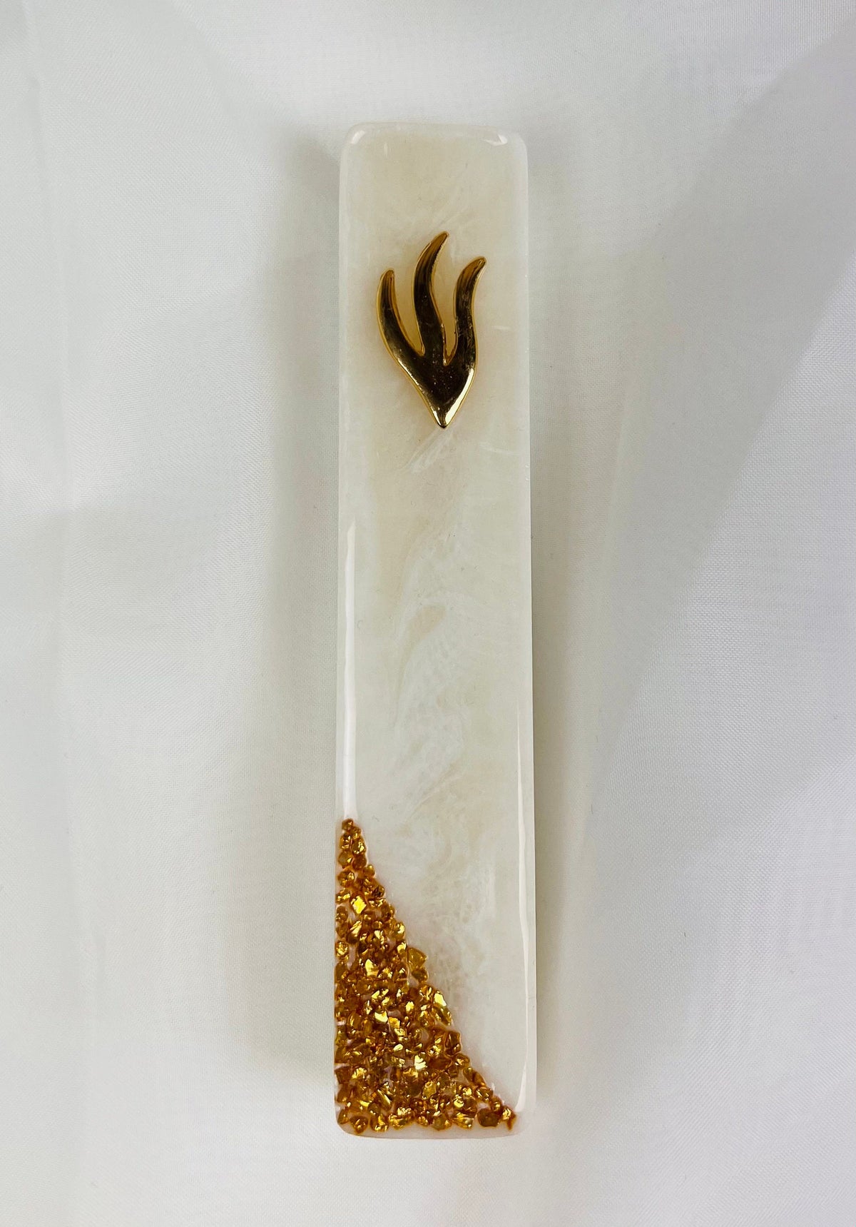 Handmade white marbled resin mezuzah case, side view