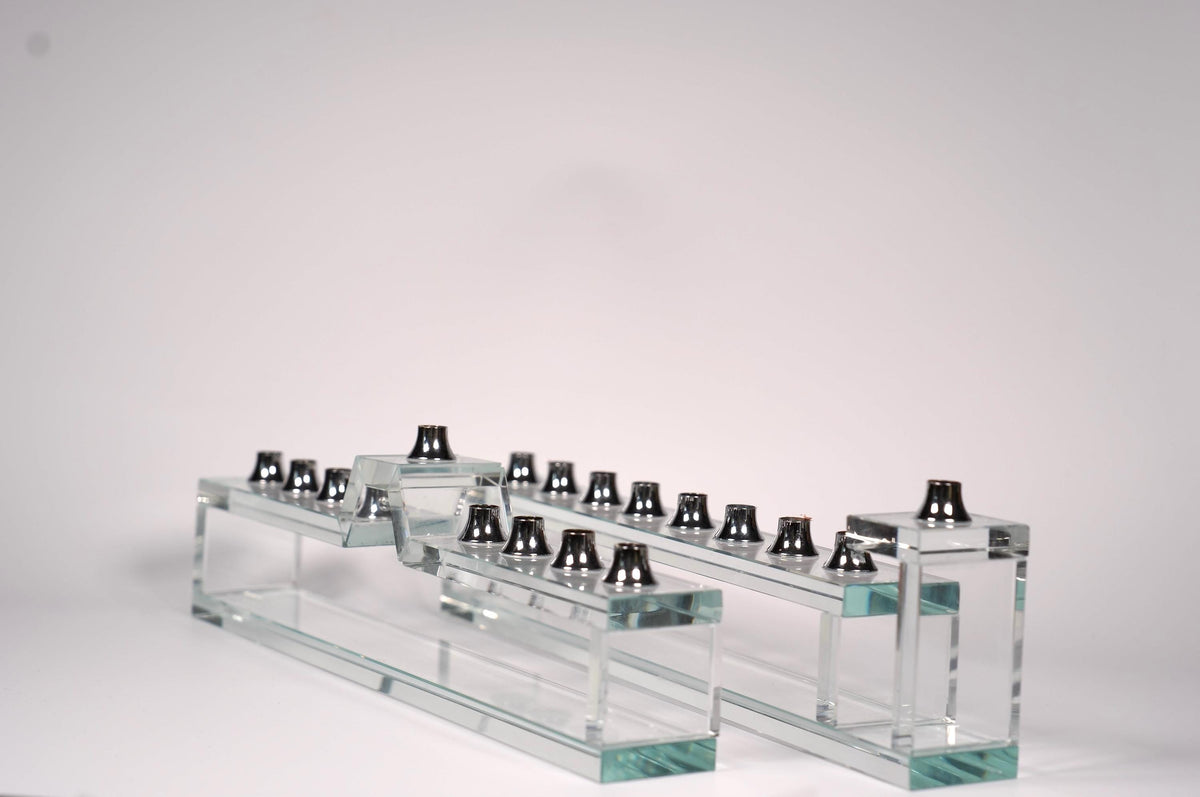 Handmade glass hanukkiah, side view