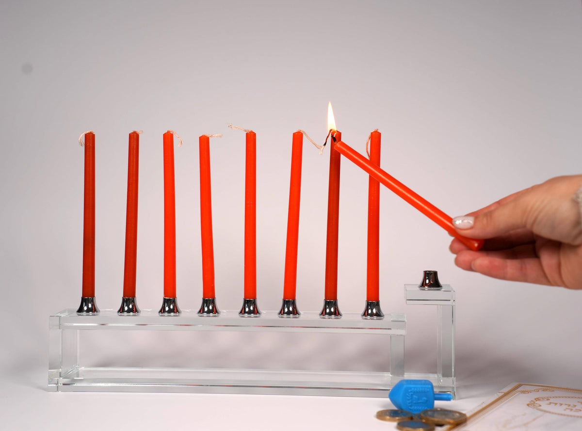 Handmade glass hanukkiah with nine metal cups