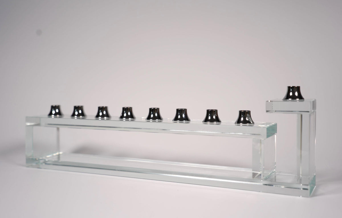 Handmade glass hanukkiah, detail of the metal cups