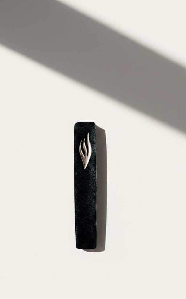 Handmade black glitter resin mezuzah case on a doorpost