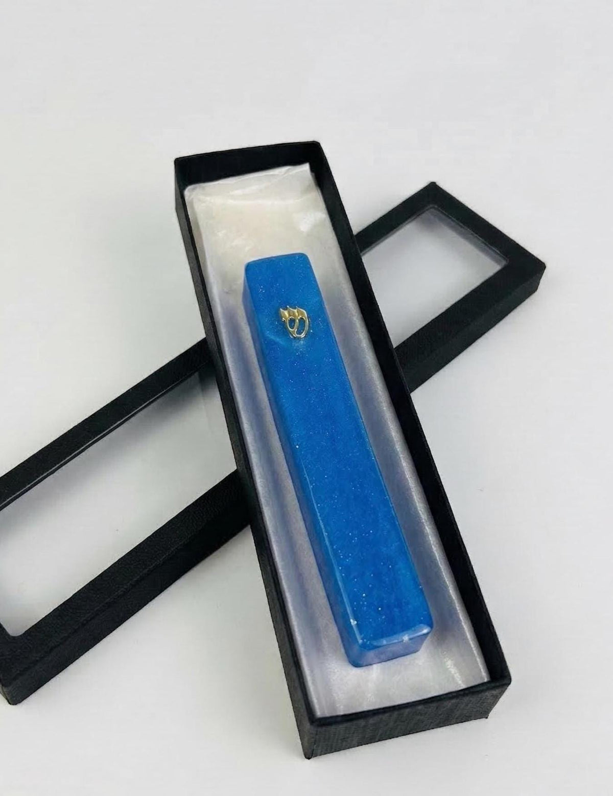 Handmade blue glitter resin mezuzah case, detail