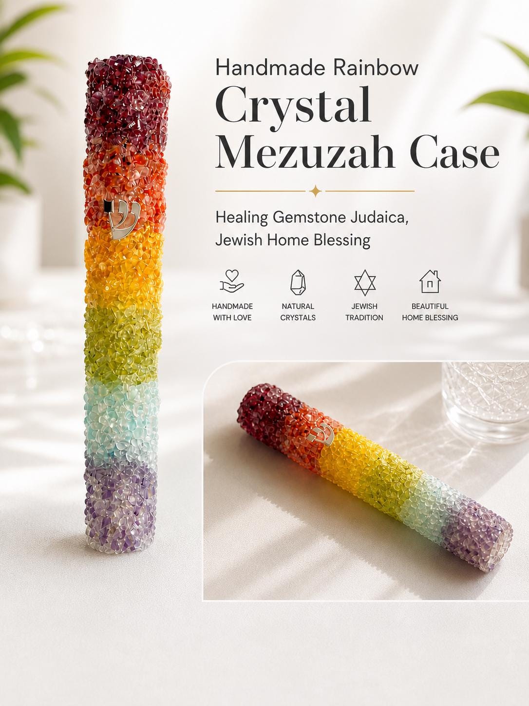Handmade Pride Crystal Mezuzah Case, close-up of the crystals