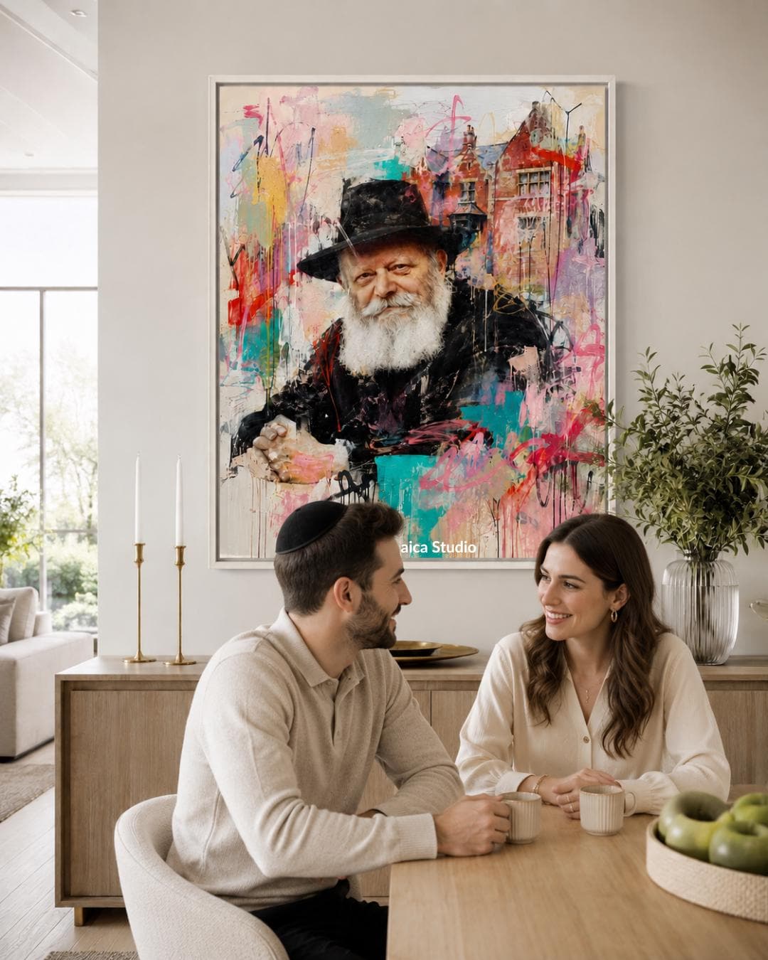 Lubavitcher Rebbe pop art print framed in a living room